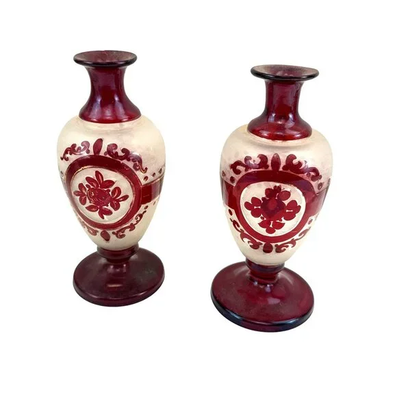 Antique Bohemian Ruby Glass Vases Pair Handblown Red Floral Design 7 Tall